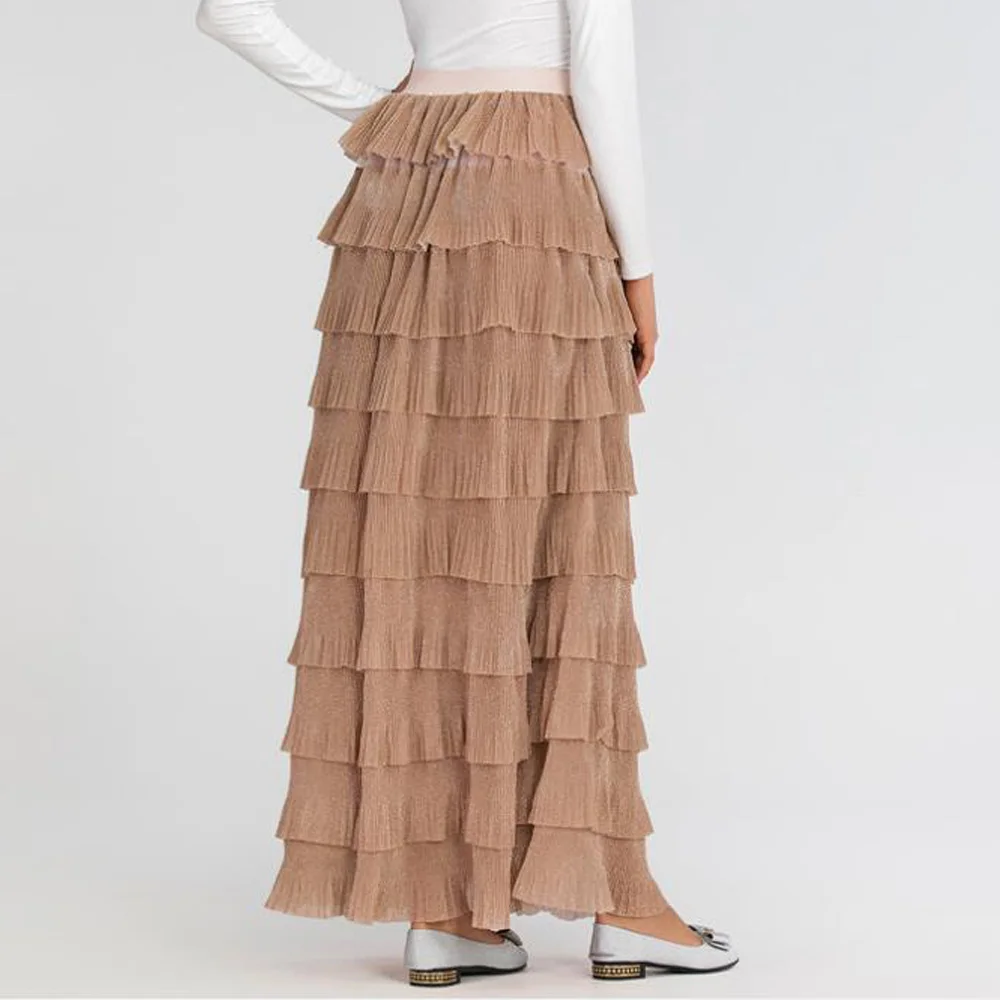 

Long Pleated Ruffle Skirt Women Casual High Waist Cake-Layer Frill Skirts Muslim Clothes Ankle Length Loose Skirt Longa Saias
