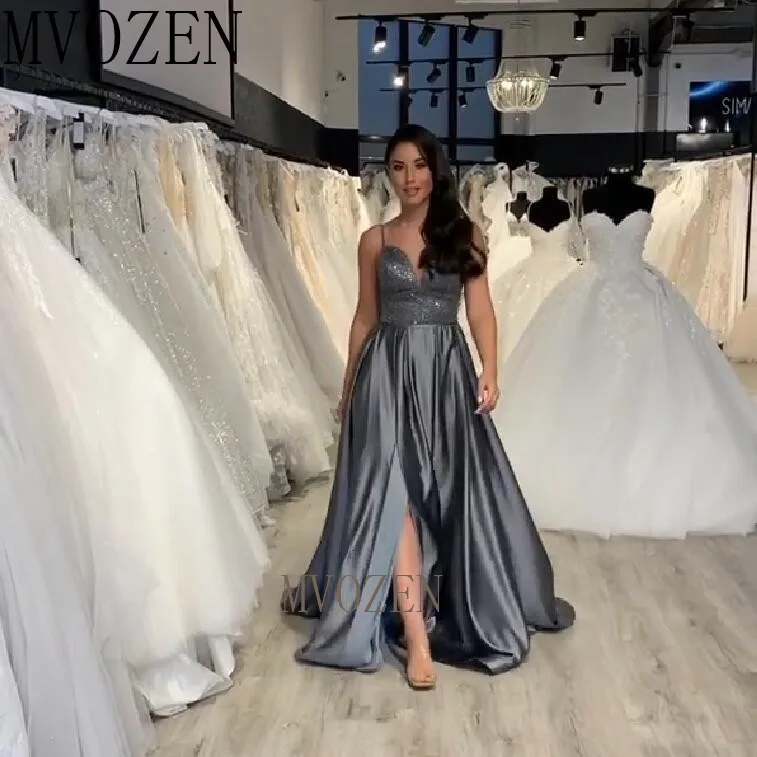 

Charming Long Evening Dress Satin A-Line Spaghetti Strap High Split Floor Length Formal Gowns Evening Dresses Party Dress Vestid
