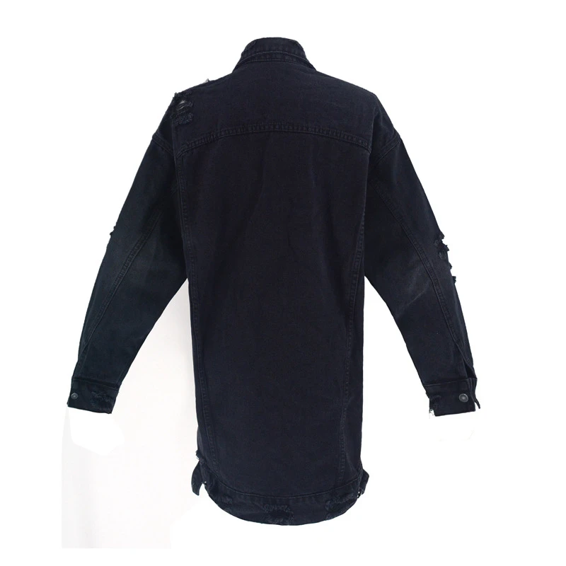 

Fall 2020 Women Fashion Middle Long Ripped Black Jean Jacket Vintage Black Distressed Women Boyfriend Jeans Jacket Plus Size