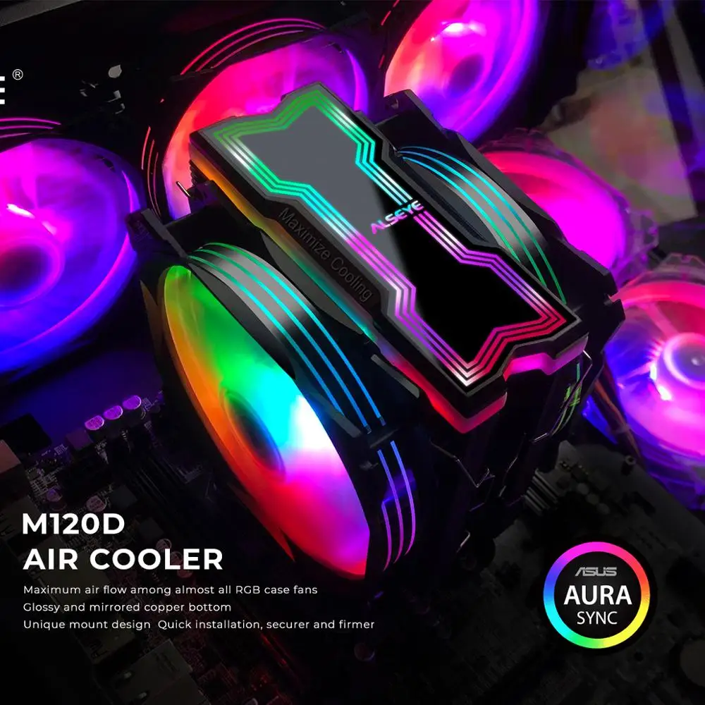 Alseye Cooler Ajustável Rgb Iluminação 120mm Pwm 4 Pinos Suporte 5v-3pin Aura – Fusão Calor-tubo Lga1200 M120d Cpu