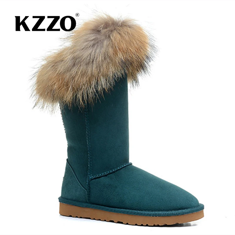 KZZO 2021 جديد الطبيعية ريال فوكس الفراء موضة امرأة الركبة عالية أحذية الثلوج غير رسمية البقر جلد الغزال الشتاء إبقاء أحذية دافئة عدم الانزلاق