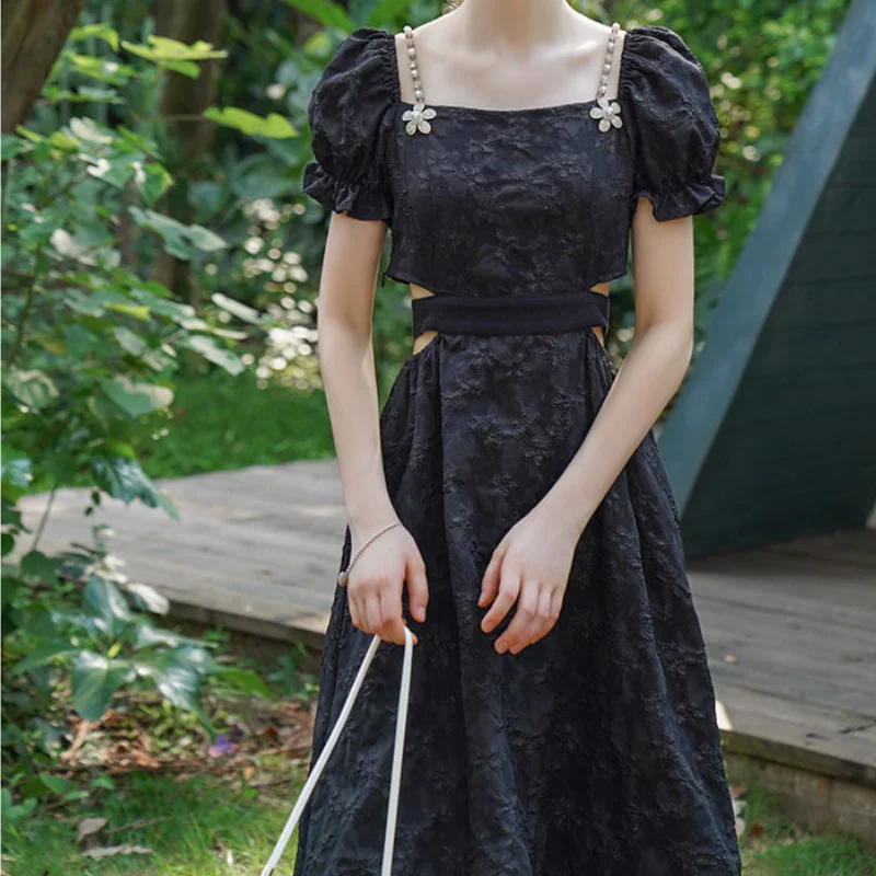 

Black Sexy France Elegant Dress Sweet Vintage Evening Party Midi Dress Ladies 2021 Bubble Sleeve Summer Korean Clothes for Women