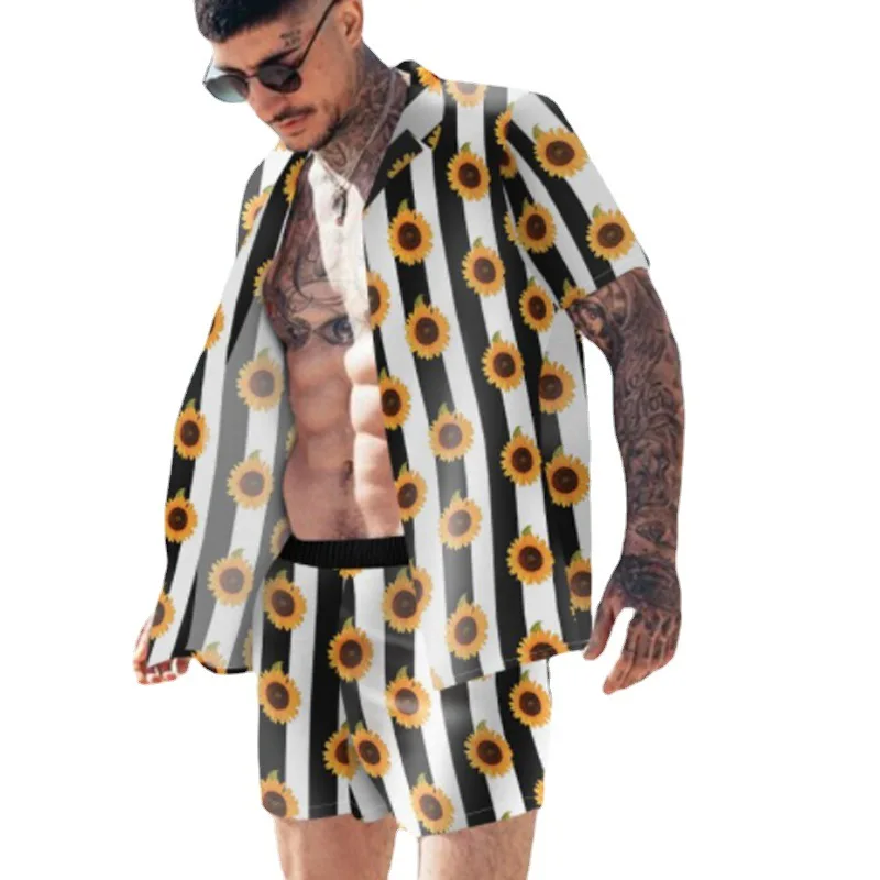 

2021 European and American Fashion Two Piece Set Summer Men's Beach Printing Loose Lapel Men's Suit Man Clothing Casual Men Sets