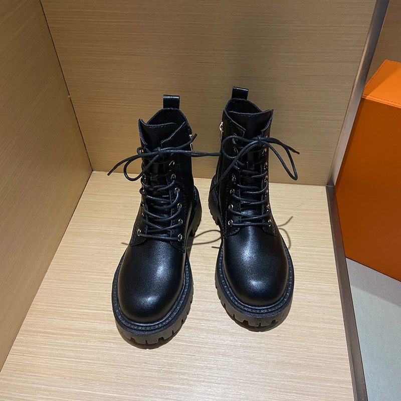 

Женские короткие ботинки со шнуровкой, зимние теплые черные или коричневые ботильоны на толстой платформе и квадратном каблуке, массивные ...