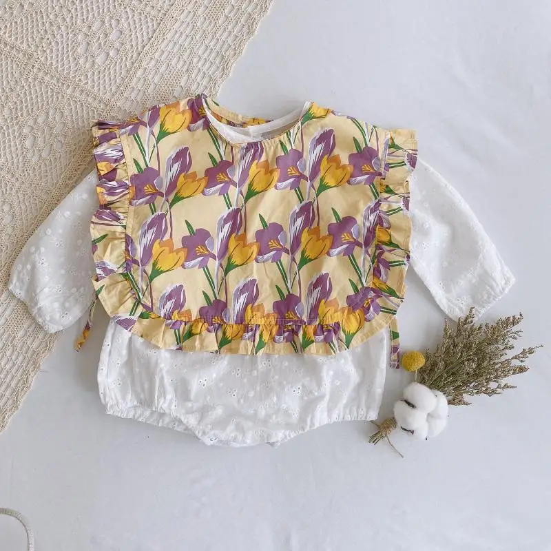 

2pcs Autumn Baby Girls Long Sleeve White Cotton Romper with Floral Vest Infant Korea One Piece Jumpsuit Children Korean Rompers