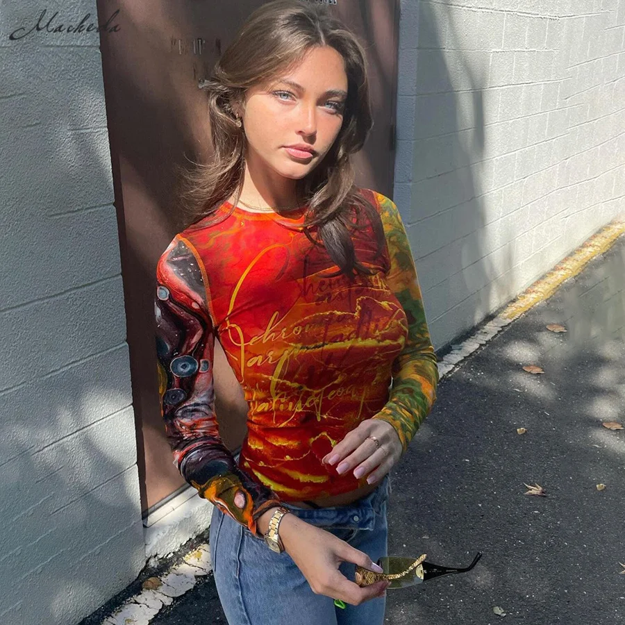 

Macheda Autumn collision-color stitching T-shirt girls street popular color top fashion versatile long-sleeve top slim lively