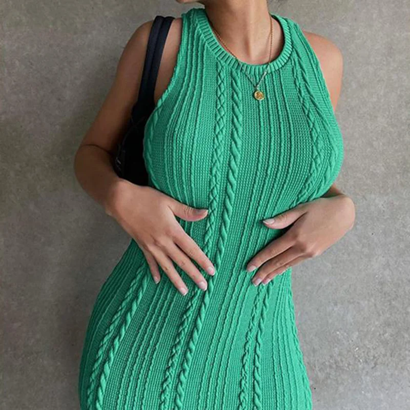 

New Women Dress Fashion Solid Color Sleeveless O-Neck Slim Mid-Calf Dress Women Knitted Push Up Skinny Sexy Bodycon Maxi Dresses