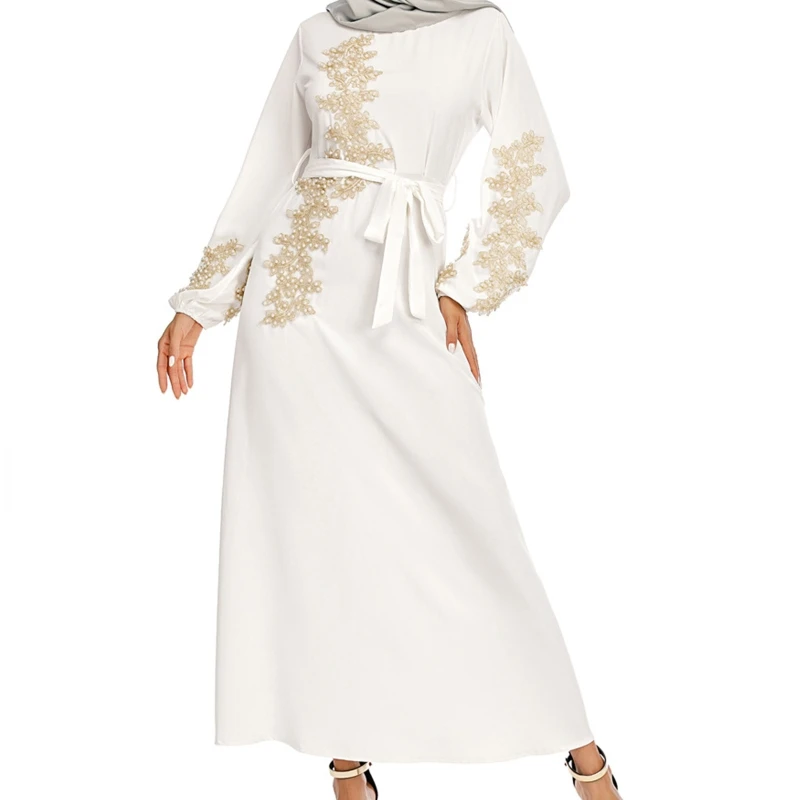 

Women Muslim Puff Long Sleeve Maxi Dress Beading Lace Applique Belted Robe Abaya