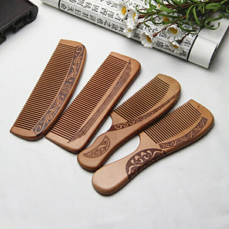 

1pcs Natural Anti-Static Comb Peach Solid Wood Comb Engraved Peach Wood Healthy Massage Hair Care Tool Beauty Accessories