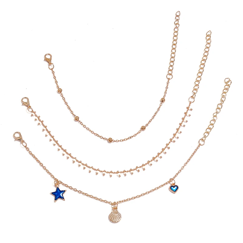 Women Ankle Shell Star Heart Pendant Chain Bracelet Bohe Charm Anklets For Ladies 3 Layered On Leg Foot Jewelry | Украшения и