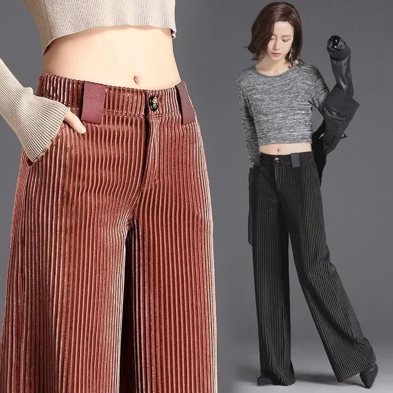 

Женские бархатные брюки с широкими штанинами Lucyever, свободные прямые брюки с высокой талией, повседневные штаны золотого цвета, осень 2021