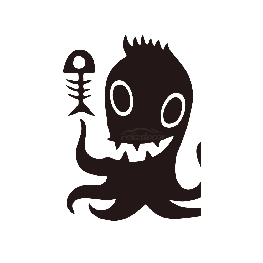 Счастливый осьминог удерживающий рыбьи кости высечка Виниловая наклейка для