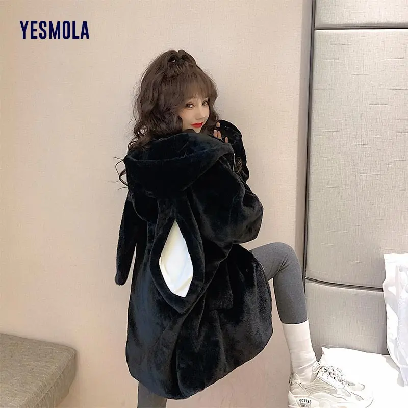 Милая куртка с капюшоном и кроличьими ушками уличная одежда парки для девочек