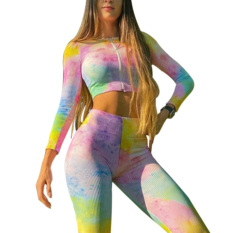 

Ladies Fashion Sexy Two Pieces Clothes Set Long Sleeve Crop Top Bodycon Pants Women Tie Dye Printed Skinny Outfits Streetwear