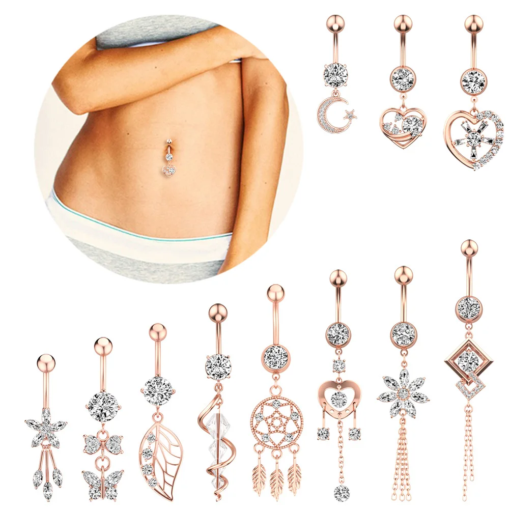 

6Pcs/Set Sexy Dangling Navel Belly Button Ring Oreja 14G Double Round Cubic Zirconia 316L Surgical Steel Belly Piercing Jewelry