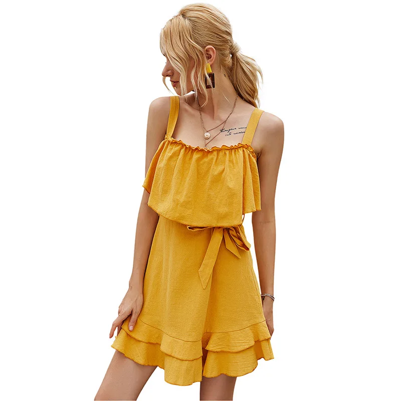 

Summer Women Yellow Lotus Leaf Suspender Fresh Dress