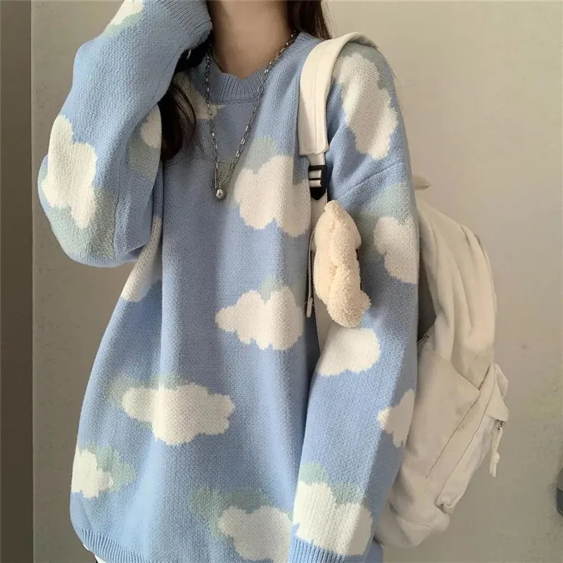 Suéteres azules Harajuku Lovely Cloud Chic Preppy Simple Chaleco de gran tamaño suave suelto otoño primavera adolescentes Tops de punto