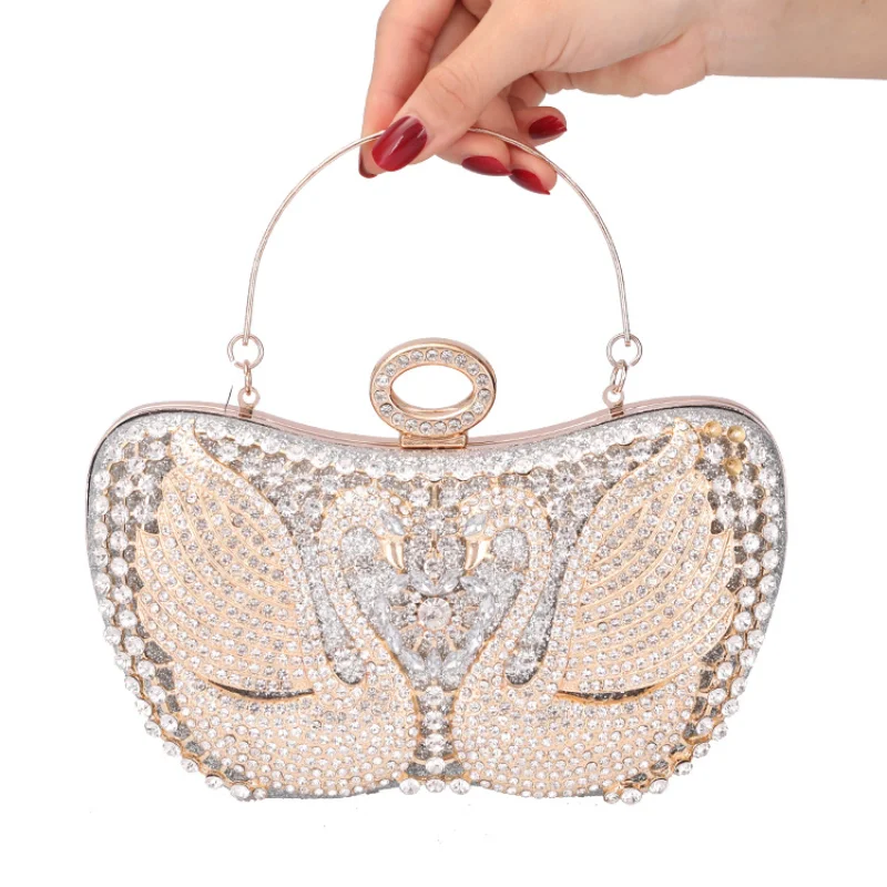 

High Quality Silver Gold Day Clutches Luxury Vintage Swan Diamonds Studded Evening Bags Women Bag Bling Shoulder Bags