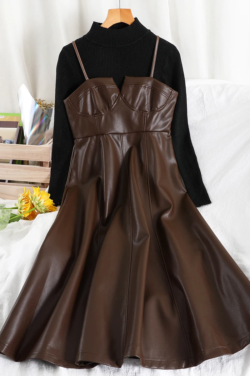 

2021 New Product Retro PU Leather Suspender Skirt + Bottoming Sweater Two-piece Dress Female Autumn and Winter Fashion Trend