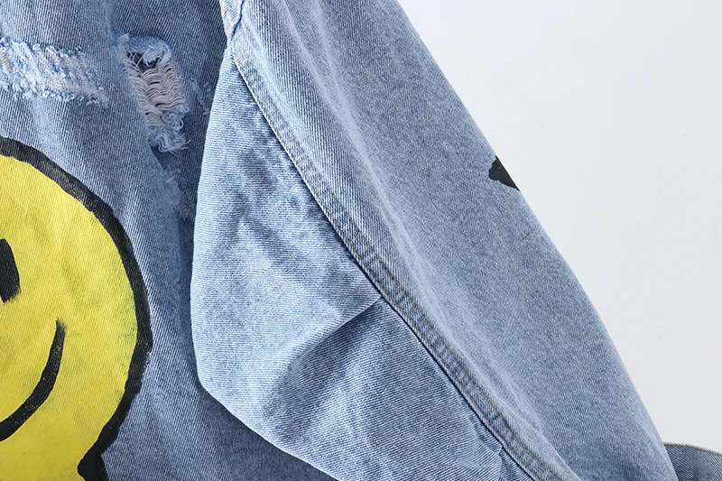 

Vefadisa Plus Size Smile Face Denim Jacket Women 2021 Spring Frayed Hole Denim Coat Graffiti Print All-match Jacket QYF4160