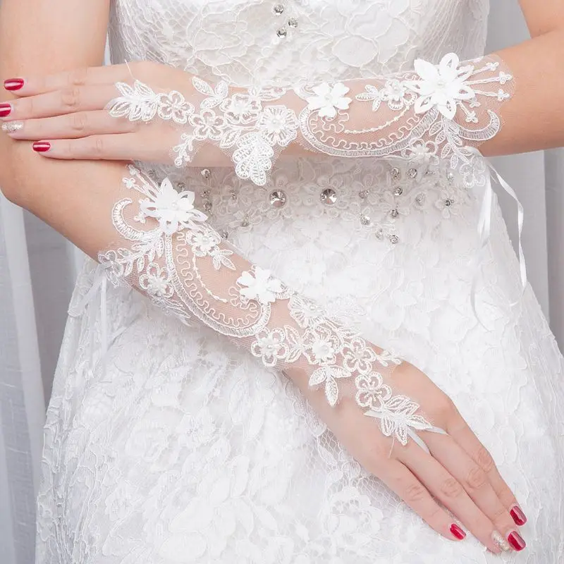 

Women Wedding Short Fingerless Gloves Embroidery Lace Imitation Pearl Flower Applique Ribbon Bowknot Bridal Mittens