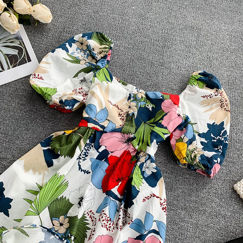 

Floral Print Women Dress Chic V-Neck Puff Sleeve Vestidos Summer 2020 Fashion High Waist A-Line Female Dresses
