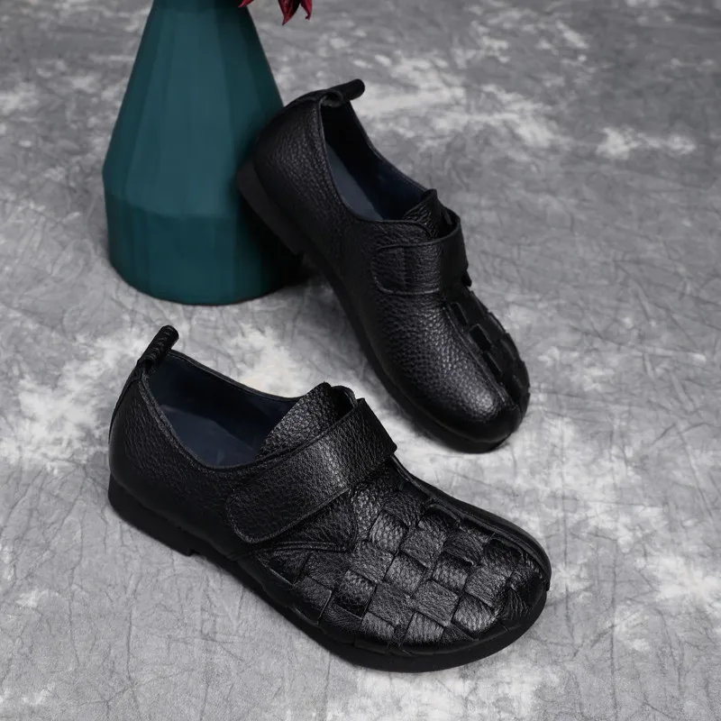 

Original 2020 Autumn Winter Women Flats New Woven Cowhide Soft Lady Loafer Shoes Retro Genuine Leather Casual Mother Shoes Flats