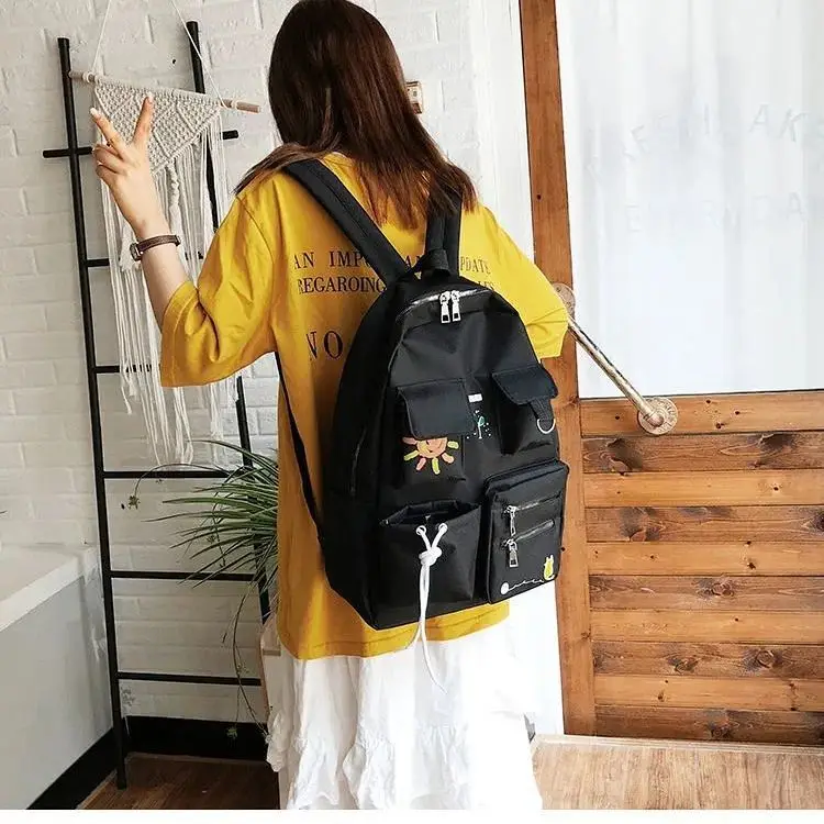 

Harajuku Canvas Large Capacity Backpack Book Bags Fashion Cute Backpack Travel Cartoon Preppy Style Backpack Women Black White