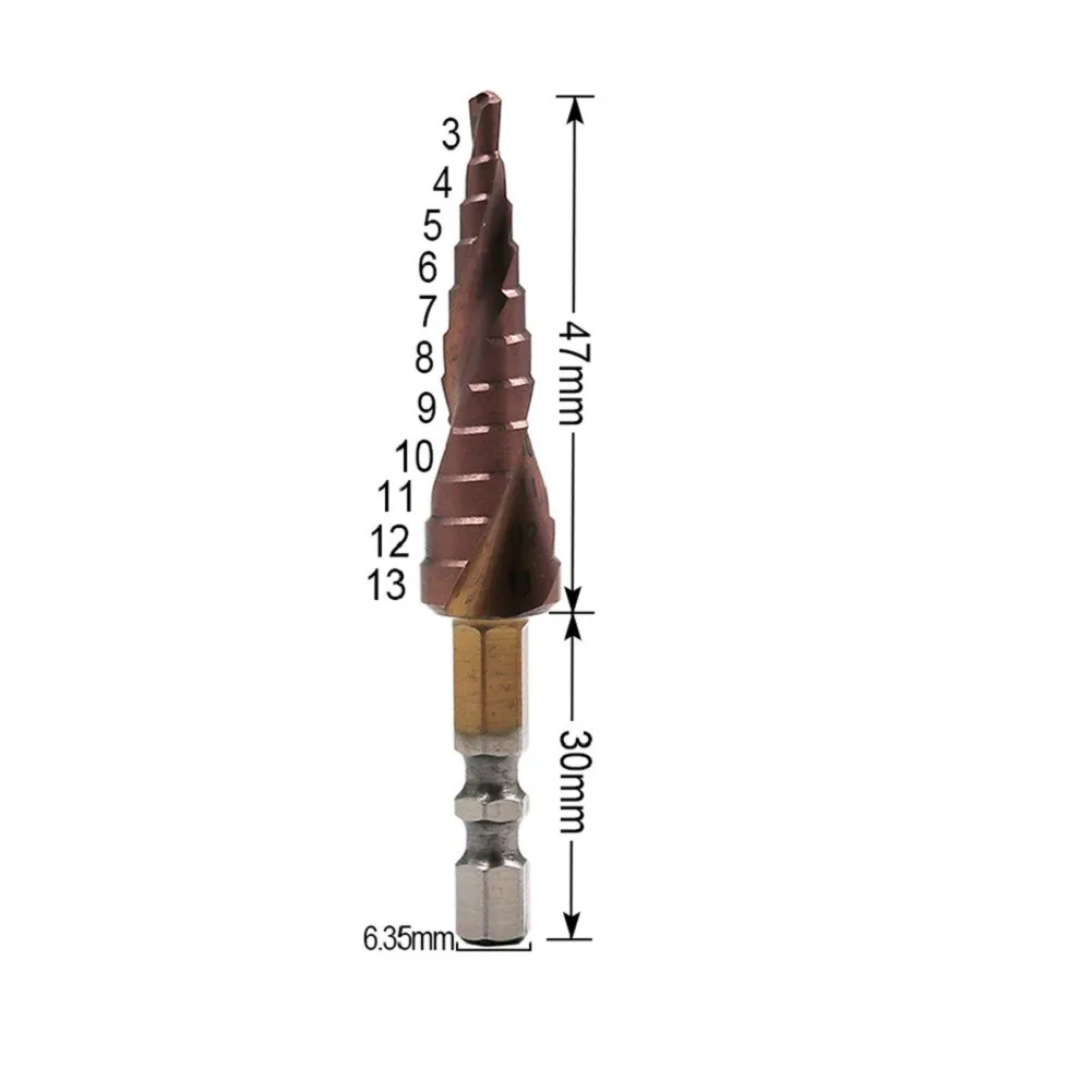 

3-13 мм ступенчатое сверло 77*47*6,35 мм шестигранный хвостовик сверла для деревообработки M35 кобальт