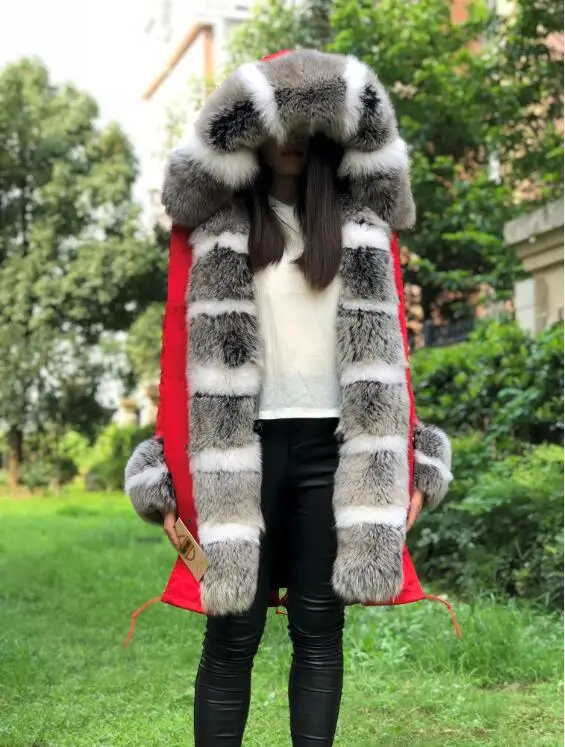 FLFP01 red-color2 Fandy lokar натуральное меховое пальто, отделенная подкладка, натуральный мех кролика Рекс, парка из натурального Лисьего меха, черная куртка, зимнее пальто, длинное меховое пальто для женщин - Цвет: FLFP01 red-color2