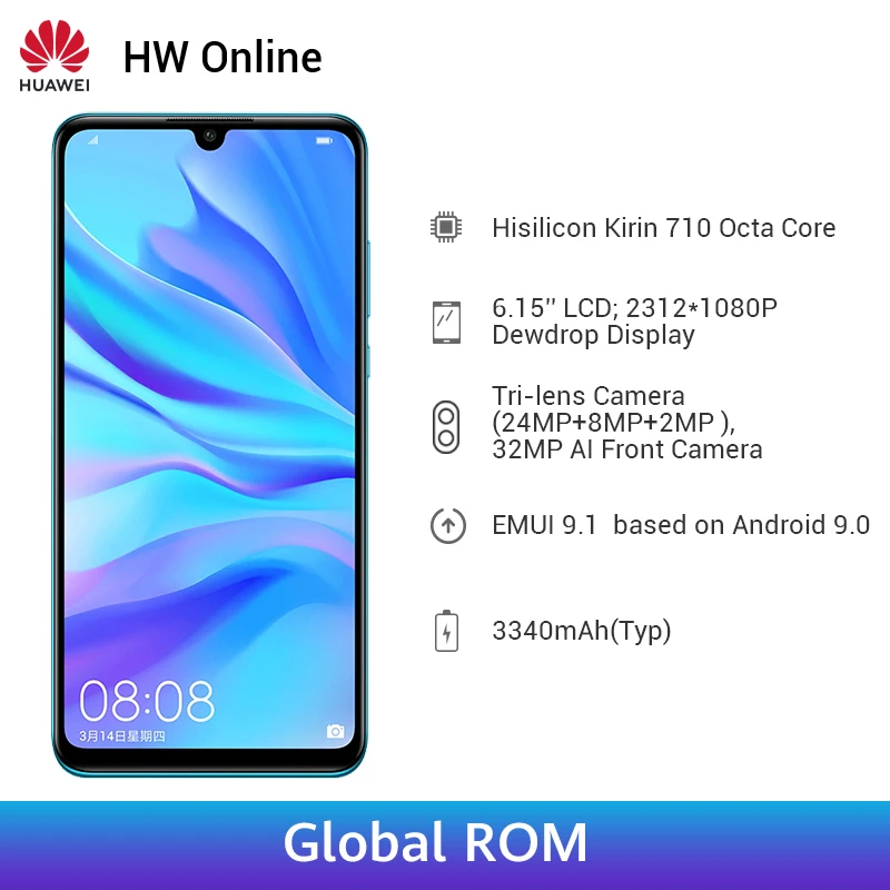 HUAWEI Nova 4E, 4 Гб, 128 ГБ, глобальная ПЗУ, смартфон, 6,15 дюймов, Kirin 710, Восьмиядерный мобильный телефон, Android 9, фронтальная камера 32 МП