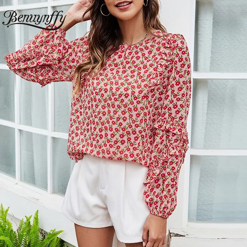 

Benuynffy O-Neck Ruffle Detail Allover Print Top Blouse Women 2021 Autumn Long Sleeve Keyhole Back Sweet Casual Ladies Blouses