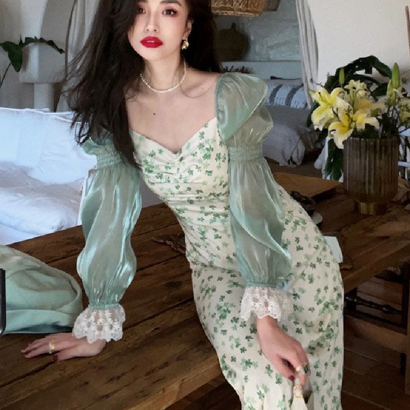 Women Green Puff Sleeve Vintage Midi Dresses Elegant Evening Party One Piece Dress Korean 2021 Summer Chiffon Lace Floral Dress