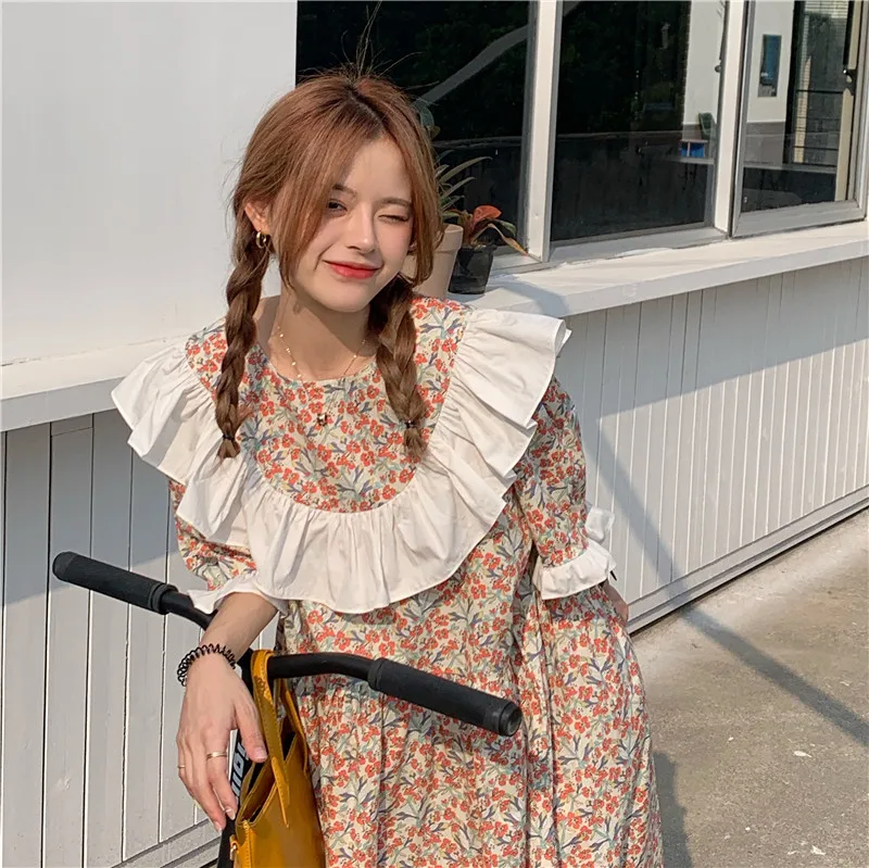 

Contrasting Color Stitching Floral Dress Women's Summer 2021 New Korean Chic Sweet and Age-reducing Loose Puff Sleeve Dress