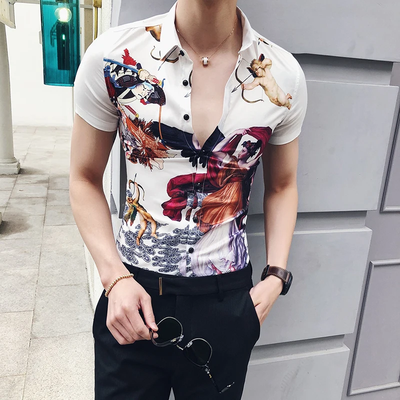 

2021 Summer Slim Fit Shirt Men England angel Print Casual Streetwear Camisa Homme Short Sleeve Night Club Social Hawaii Shirts
