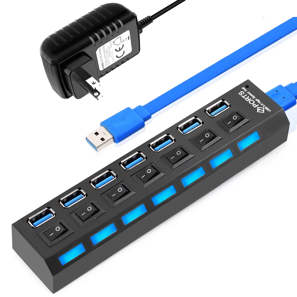 USB 3,0 концентратор 2,0 концентратор Мульти USB разветвитель 4/7 порт расширитель несколько USB 3 Hab с адаптером питания USB3.0 концентратор с переключателем для ПК