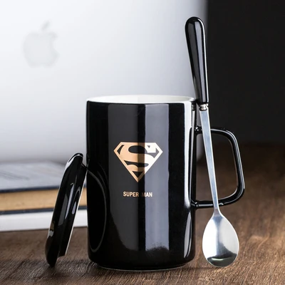С рисунком «мстители» Superman Spiderman Batman Керамика чашка молочный завтрак Кофе кружка с ложка крышка подарок 400 мл - Цвет: superman