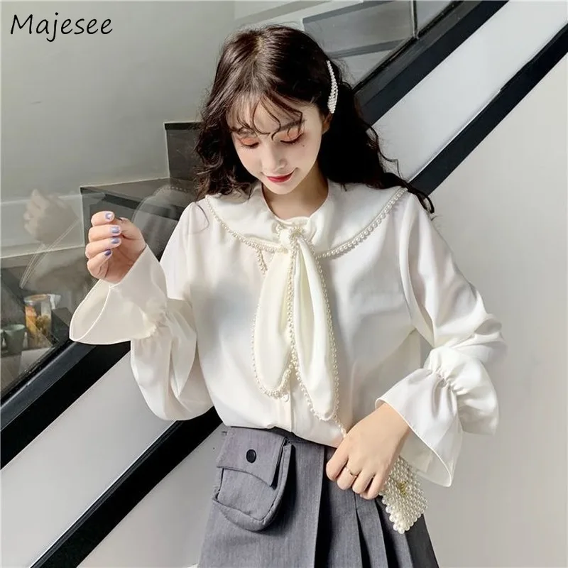 

Shirts Women Beading Flare Sleeve Solid White Korean Sweet Style Cute Elegant Vintage Ladies Loose Slim Streetwear Tops Female