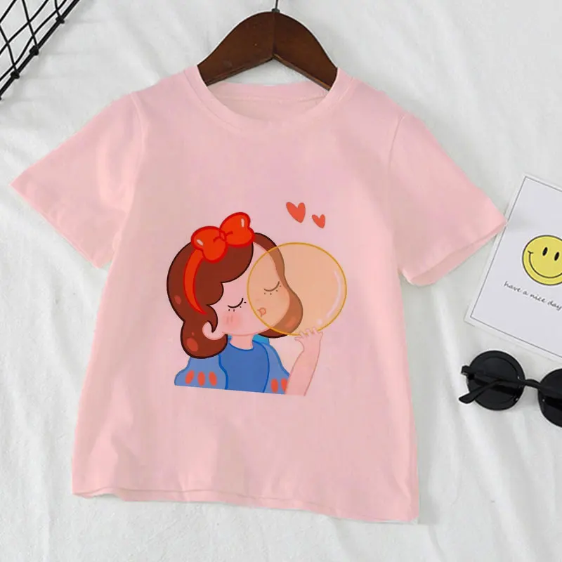 

Модные розовые футболки принцессы с принтом «выдувание пузырьков», летняя новая детская футболка, топы для девочек, футболка, Детская Повсе...