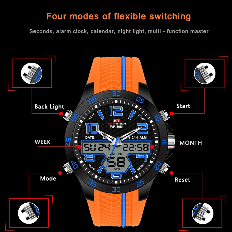 KAT-WACH men male Sports Electronic Waterproof Watch Multifunction LED Luminous Silicone Stopwatch Timing Alarm Calendar | Наручные часы