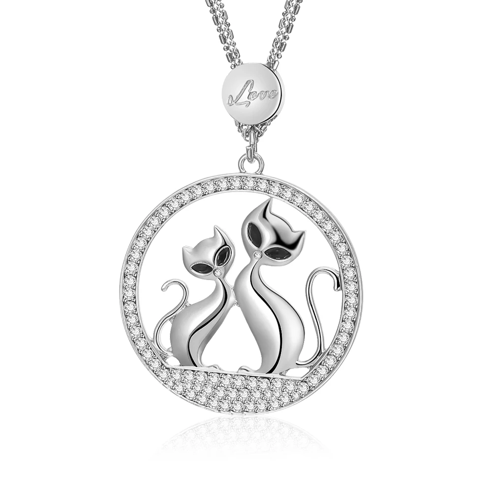 Silvery Ожерелье с котом для женщин, кристалл, круглый черный глаз, животное, подвеска, длинное ожерелье, розовое золото, модные украшения, аксессуары в подарок - Окраска металла: Silvery