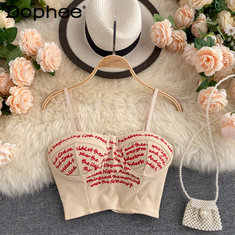 

2021 New Strap Vest Women Fashion Outdoor All-Matching High Waist Embroidered Letter Print Crop Top Bra Femme BeachWear Tank Top