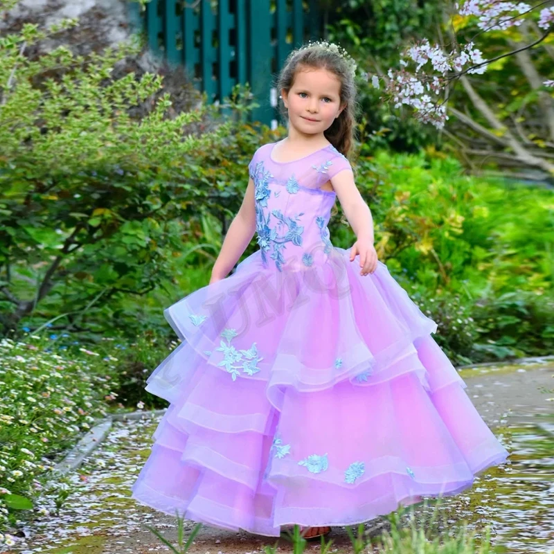 

Милое розовое Многоярусное платье с цветочной аппликацией для девочек, платья для свадебной вечеринки на день рождения, костюмы для первого комбинации, изготовление на заказ