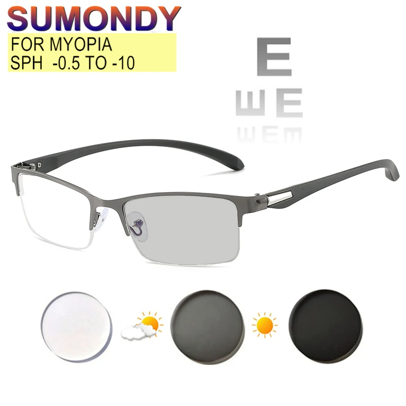 

Prescription Glasses For Myopia -0.5 to -10 Women Men Half Frame Nearsighted Spectacles Blue Light Blocking Photochromic UF87