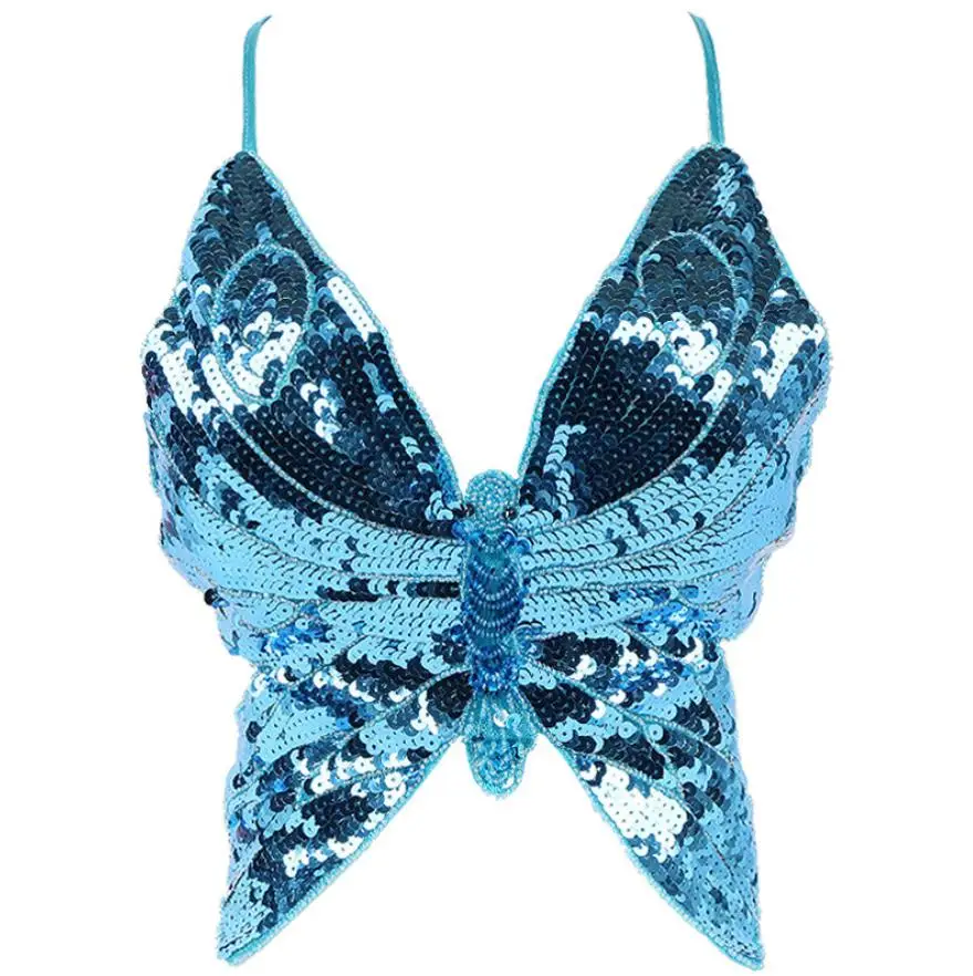 

Women's Sexy Tube top top halter butterfly sequin embroidery performance costume stage Cropped Top Diamond Push Up Bra
