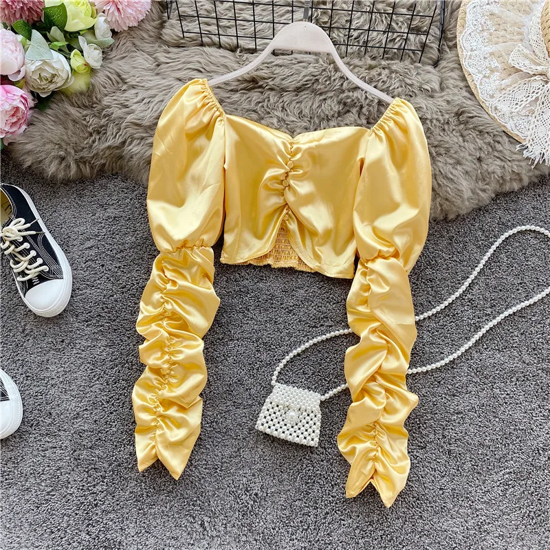 Fashion Women Long Sleeve Slash Neck Off Shoulder Short Tops Sexy Ladies Retro Streetwear Blouses Shirt Female Satin Blusas