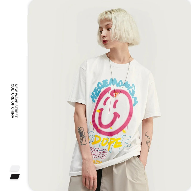 Женская футболка со смайликом в стиле граффити 90 s Harajuku Ullzang Милая графическая