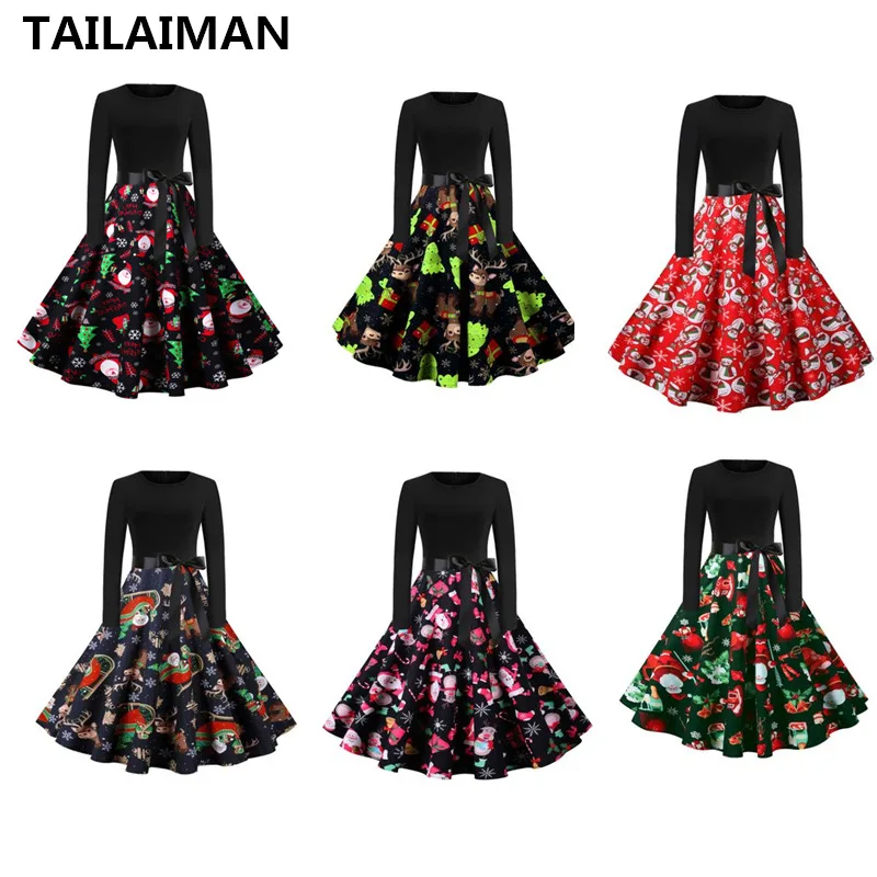 Для женщин с длинным рукавом Винтаж Рождественская EIK дерево набивным