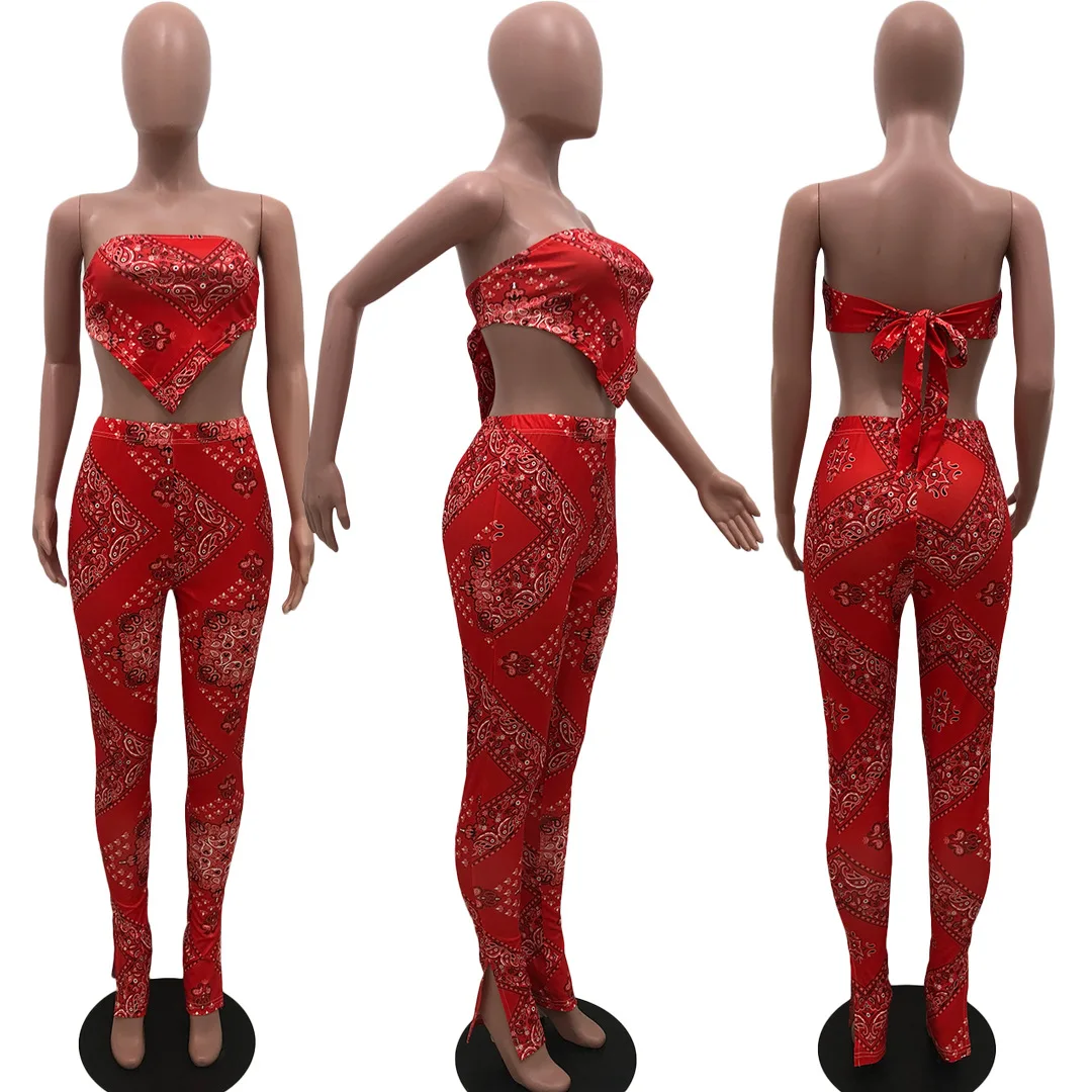 

Pattern Print Tube Tops & Trousers New Sexy Women Suit European and American Hot Style Model Two Piece Set