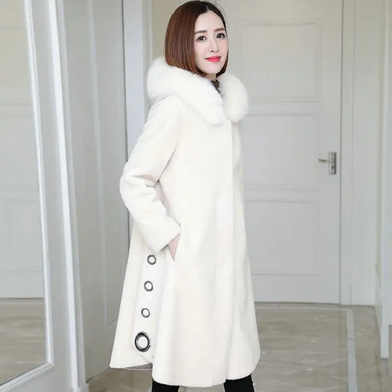 Women 2022 Autumn Winter Real Fur Coat Female Natural Fox Collar Hooded Shearling Jacket Ladies Warm Wool Outwear Mujer X75